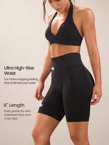 GLOWMODE Quần short biker cạp cao co giãn thấm mồ hôi không đường may 6 inch kiểm soát bụng không đường may phía trước quần bó mông cạp cao quần chạy bộ tập luyện tác động trung bình phòng tập thể dục mặc hàng ngày - màu đen - Xem 5