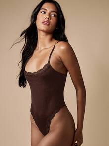 MISSGUIDED Luxury Seamless Bodysuit Lingerie With Floral Lace Trim High Cut One Piece Shapewear Thong Back Bodysuit Adjustable Straps Evening Wear - Brown - View 6