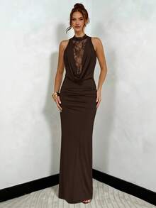 SHEIN BAE 黑色蕾丝低胸紧身连衣裙，黑色蕾丝连衣裙 - 咖啡棕 - 查看 4