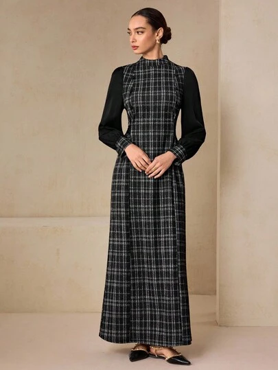 Graceveil 女式格子拼接纯色长袖腰带连衣裙，优雅