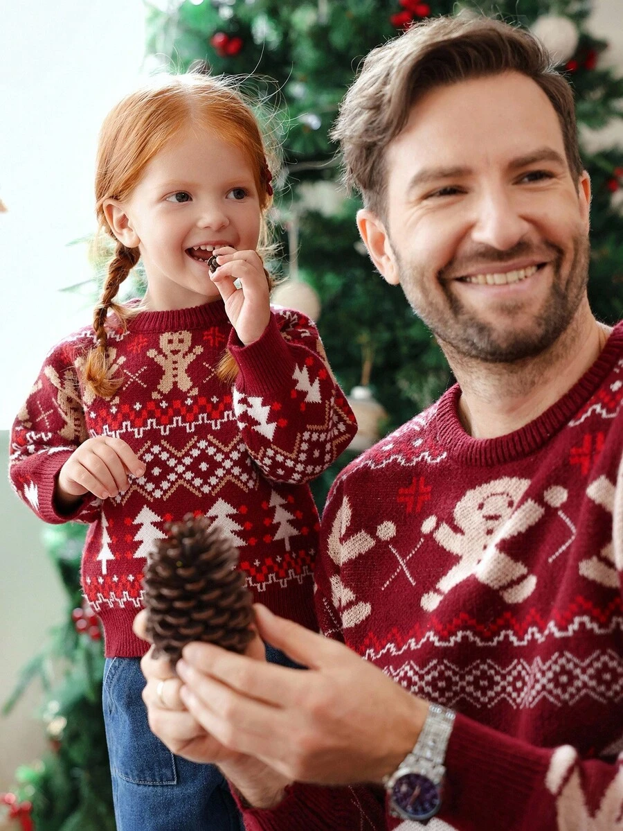 Souflis Souflis Baby Girls & Boys Crew Neck Long Sleeve Knitted Sweaters,Burgundy,Autumn,Cute,Family Matching,Gingerbread Man Christmas Tree Snowflake Patterns,Red - Multicolor - View 1