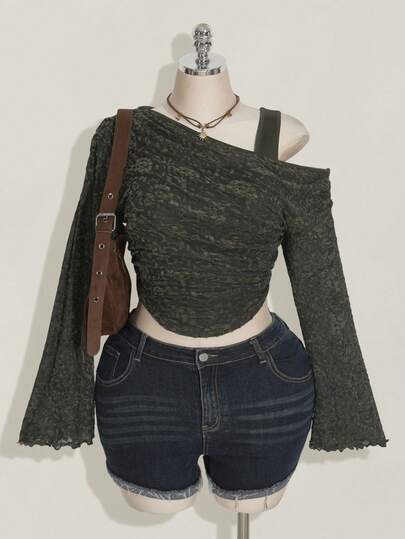 SHEIN ICON 大码斜肩网纱透视针织T恤，军绿色提花网纱透视长袖上衣，Y2K复古针织衫，适合秋季穿着