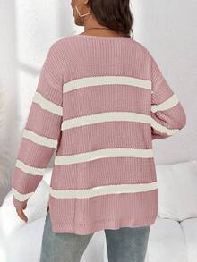 SHEIN Maternity Casual Striped V-Neck Sweater Fall - Dusty Pink - View 2