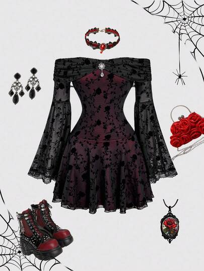 SHEIN MOD 复古宫殿黑色提花喇叭袖露肩哥特连衣裙，带蕾丝镶边和花卉图案 - 非常适合派对、约会、舞会、生日庆祝、节日和假日、万圣节、Y2k