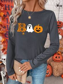 SHEIN LUNE Women's Halloween Casual Ghost & Pumpkin Graphic Round Neck Loose Fit Long Sleeve Sweatshirt,Dark Grey,Autumn,Holiday Day Fall Clothes For Women - Dark Grey - View 1
