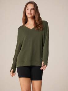GLOWMODE Modal V-Neck Long Sleeve Sweater Fall - Army Green - View 7