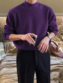 Claim Dot Áo len dệt kim tay dài cổ đứng trễ vai màu trơn cỡ lớn cho nam, mùa thu/đông - Màu tím - Xem 5