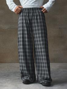 AXEPEAK 男士休闲日常格子阔腿裤，秋季 - 藏蓝色 - 查看 3