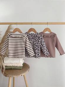 SHEIN 3 件女童秋冬彼得潘领长袖上衣 - 豹纹 + 纯棕色 + 棕白条纹汗衫套装 - 彩色 - 查看 2