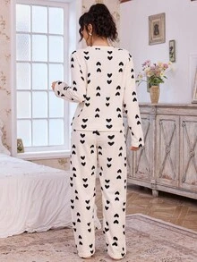 CottageSlumber Cheese-Color Reversible Fleece Fluffy Pajama Set With Black Heart Print For Women, Fall Winter Clothes - Beige - View 2