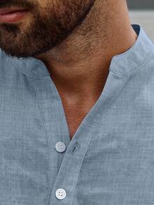 Manfinity CasualCool Loose Fit Men Half Button Roll Up Sleeve Shirt, Fall - Blue - View 7