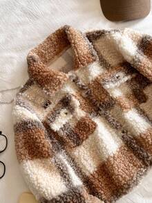 Tween Girl Casual Plaid Faux Fur Jacket, Autumn/Winter - Khaki - View 4