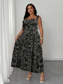 SHEIN Unity Vestido de verano con estampado floral y volantes en el bajo y abertura lateral para tallas grandes - Blanco y Negro - Ver 4