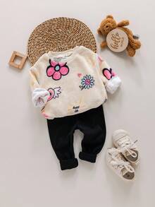 SHEIN 女婴花卉印花长袖卫衣和裤子套装，秋冬 - 杏色 - 查看 3