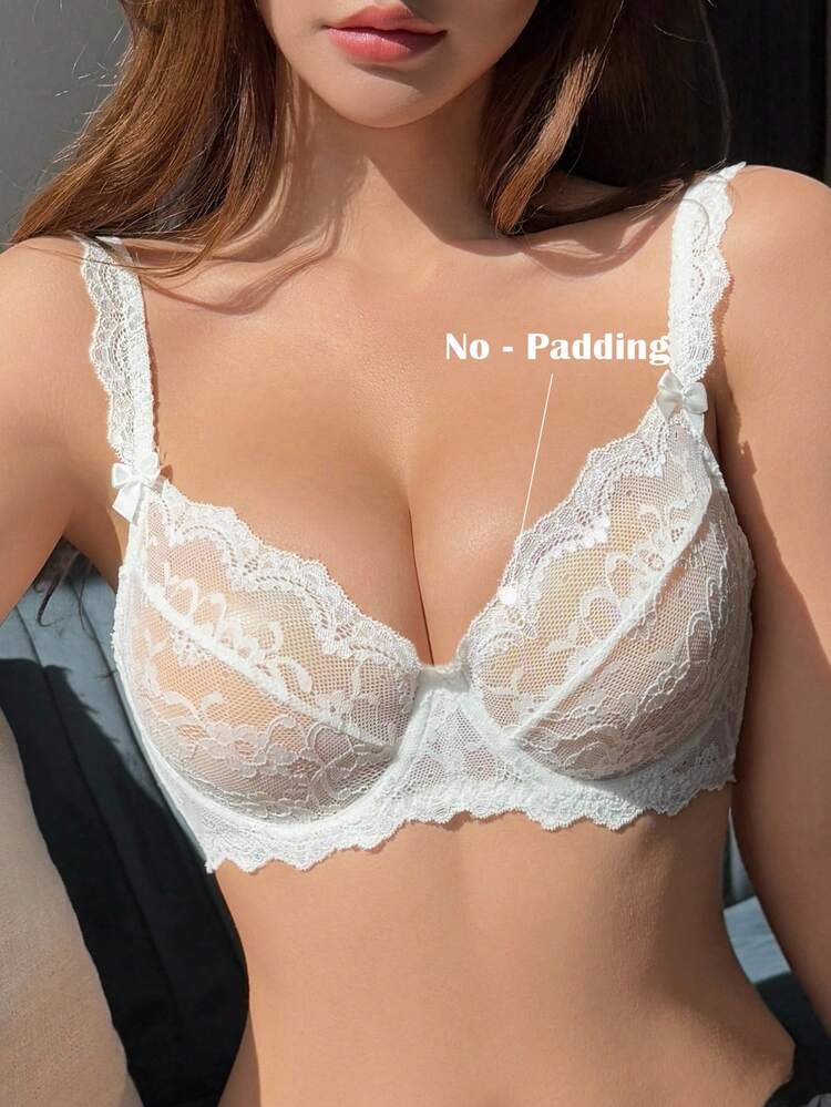 Adjustable Strap Lace Semi-Sheer Bowknot Ruched Bust Support Bra For Women Lingerie For Women