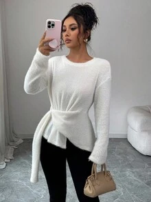 SHEIN Elenzya Autumn/Winter Asymmetrical Criss-Cross Strap Knit Sweater Top - White - View 7