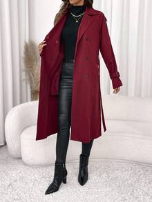 SHEIN Clasi 女士圣诞节，优雅插肩袖双排扣腰带酒红色长款风衣，秋冬季万圣节圣诞节女士冬季风衣 - 酒紅色 - 查看 7