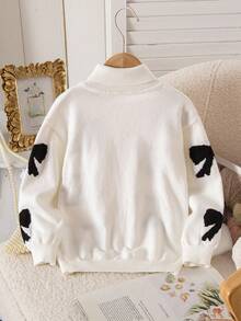 SHEIN Young Girls' Turtleneck Long Sleeve Bow Jacquard Casual Knit Pullover Sweater Fall Winter - White - View 2