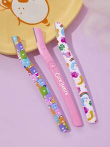 SHEIN X Care Bears 3 件套卡通欢呼熊、好运熊印花眉毛修剪器套装，配有安全刀片，不会划伤皮肤，适用于眉毛、面部、身体和其他部位，男女适用