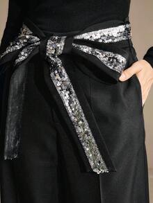 Anewsta Black,Summer,Elegant,Sequin,Party Night Unique 3D Sequins Beaded Wide Waistband Mid-Rise Straight Leg Pants With Pockets,Chic,Christmas,New Year Pants - Black - View 1
