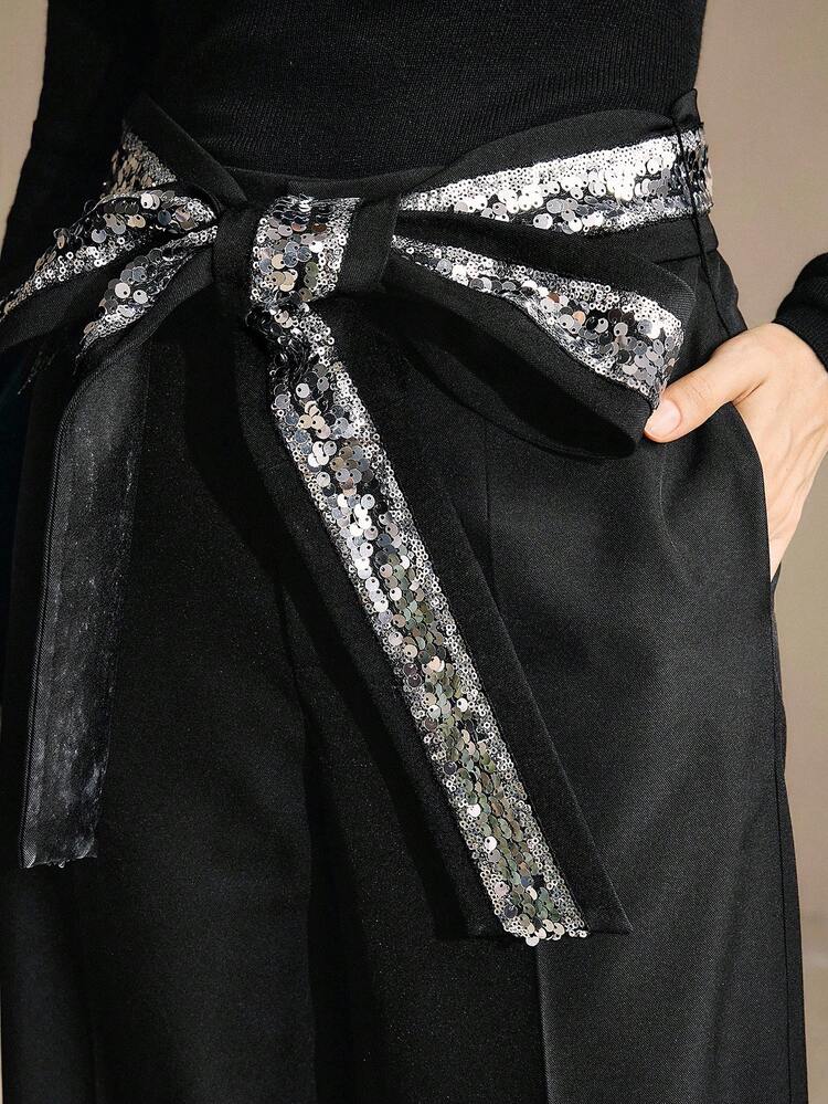 Solid Color Unique 3D Sequins Beaded Wide Waistband Mid-Rise Straight Leg Pants With Pockets, Suitable For Fall, Autumn, Elegant, Chic, Party, Christmas Dress, New Year