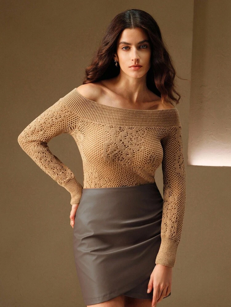 Autumn/Winter Off Shoulder Khaki Chenille Hollow-Out Jacquard Knit Top