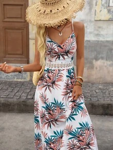 Brillora 熱帶印花凸花蕾絲嵌入組吊帶洋裝