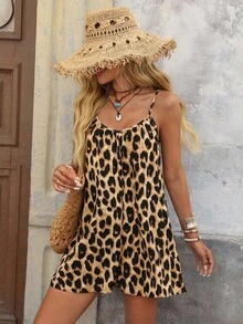 SHEIN VCAY Leopard Print Spaghetti Strap Backless Wide-Leg Jumpsuit, Vacation - Multicolor - View 6