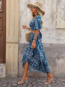 Brillora 佩斯利絲巾圖案荷葉袖圍裹後綁帶上衣和裙子 - 藍白色 - 查看 5