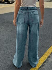 EURMUSE RueChic 100% Cotton Low Waist Wash Detailed Wide Leg Jean - Dusty Blue - View 2