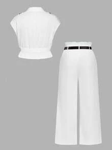 SHEIN MOD Conjunto de 2 piezas de chaleco sin mangas blanco elegante y versátil de lino con cinturón y pantalones de pierna ancha de cintura alta