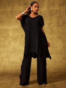 Vixey Black Fringe Detail Solid Knit Wide Leg Pants - Black - View 2