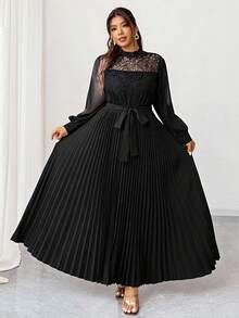 Elenzga 大码女式优雅新款秋季连衣裙，采用 3D 刺绣蕾丝、雪纺透明泡泡袖、褶皱面料装饰、腰部系带蝴蝶结、立领，适合婚礼宾客、派对、夜间外出、时尚设计长裙 - 黑色 - 查看 3