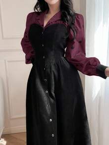 Feyla 女士秋季花卉拼布翻领单排扣连衣裙长款晚礼服 - 酒紅色 - 查看 3