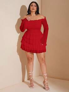 SHEIN BAE Váy mini trễ vai xếp ly xếp lớp màu trắng ngọt ngào và gợi cảm cỡ lớn - Đỏ - Xem 9