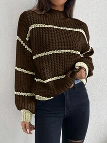 Celisse Striped Pattern Casual Versatile Stand Collar Long Sleeve Pullover Sweater - Coffee Brown - View 7