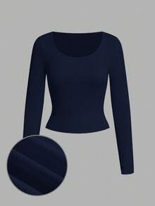 SHEIN EZwear 海军蓝女式休闲简约圆领罗纹面料修身长袖打底 T 恤，适合秋冬季 - 藏蓝色 - 查看 2