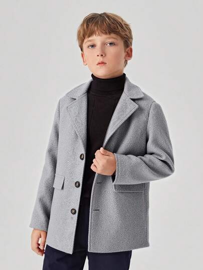 SHEIN Tween Boy Solid Color Front Button Casual Jacket With Lapel Neck,Ensemble Hiver,Winter Clothing,Fall Outfits,Fall Clothing,All Clothes For Kids, Blazer For Boy ,Boys Long Coats, Gray Jacket Teen, Boy Jacket Suit,Fall Tops,Winter Outwear