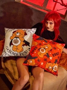 SHEIN X Care Bears 1 件万圣节熊印花靠垫套，45*45 厘米（不含枕芯），南瓜橙色，天鹅绒面料，柔软舒适 - 彩色 - 查看 2