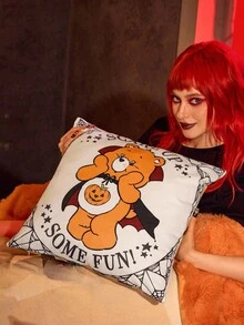 SHEIN X Care Bears 1 件万圣节熊印花靠垫套，45*45 厘米（不含枕芯），南瓜橙色，天鹅绒面料，柔软舒适 - 彩色 - 查看 4