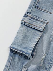 SHEIN Explorewe Jungen Vintage Straßen-Stil zerrissene Multi-Taschen Slim Fit Stretch Jeans Cargohose - Helle Waschung - Übersicht 6