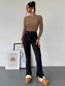 Firerie 女式简约优雅休闲学院风百搭白色圆领麻花针织纽扣装饰修身毛衣秋冬 - 摩卡棕 - 查看 5