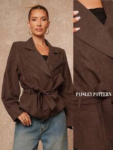 Lumalex 秋冬派对晚宴宴会低调奢华复古闪耀假日派对狂欢节郊游度假户外丰富层次婚礼季宴会成人礼压花腰果花图案腰带宽松女士风衣奢华舞会证件照宰牲节派对新年 - 巧克力棕 - 查看 8