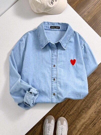Comfortcana Heart Shaped Loose Denim Long Sleeve Casual Shirt Spring Break, Old Money, Vintage, Fall Women
