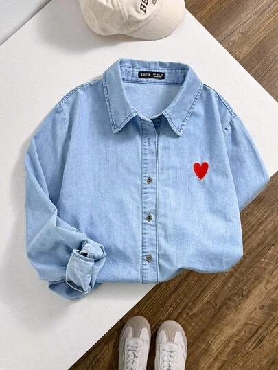 Comfortcana Hjärtformad lös denim långärmad casual skjorta för vårlovet