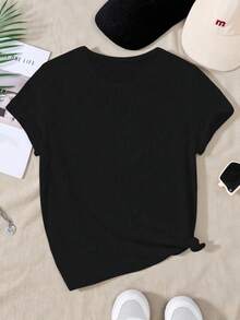 SHEIN Tween Girl Round Neck Short Sleeve Butterfly Print Simple T-Shirt, Casual Daily Wear - Black - View 2