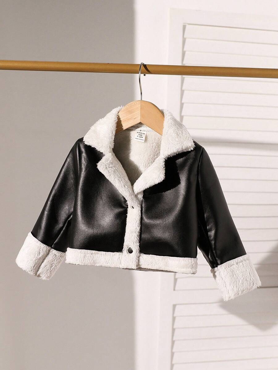 SHEIN Baby Girl Winter Casual Colorblock Plush Hooded Jacket - Black - View 1