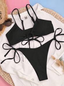 SHEIN Swim Summer Beach Plain Rib Drawstring Bikini - Black - View 6