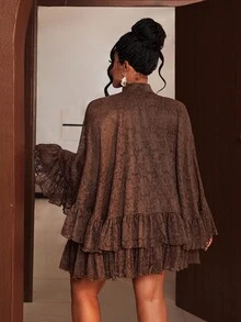 Maweii Bộ 2 món áo choàng poncho ren trơn màu thanh lịch cỡ lớn kèm chân váy - màu nâu - Xem 3