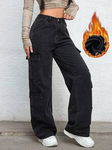 SHEIN EZwear Women's Summer Zipper Fly Flap Pocket Cargo Jeans - Black - View 4